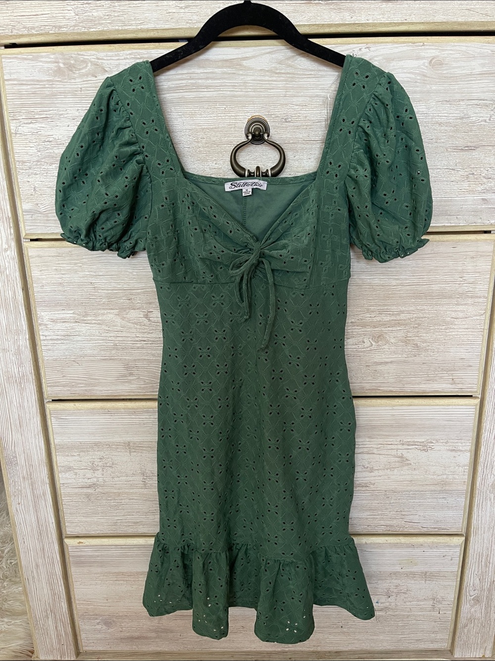 Sister Jane Olive Eyelet Tie-Front Puff-Sleeve Mini Dress